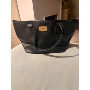 Michael Kors Black Leather Tote Shoulder Bag Gold Hardware Zip Top